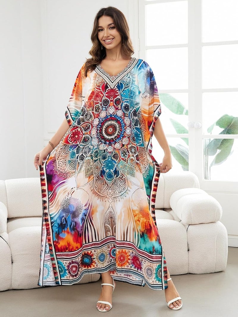 IMAGEKOPE Women's Plus Size Loose Fit Moroccan Print V-Neck Batwing Kaftan Beach Dress Bathing Suit Cover Up - Image 5